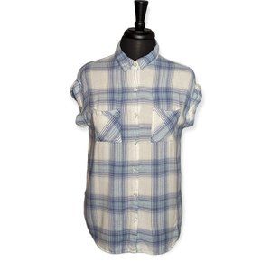 Confess Short Sleeve Blue & White Plaid Button Down Shirt Size Medium